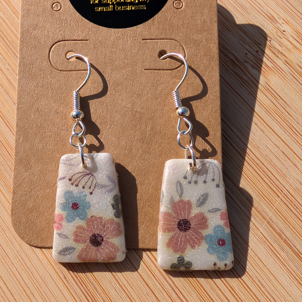 Cream and Pink Floral Dangle Earrings